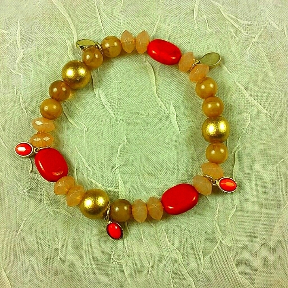 Boho Burnt Orange Pink Gold Glass Wood Bead Bracelet Fall Stretch Stackable
